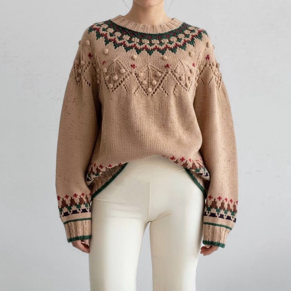 90s Bobble Popcorn Sweater Tan Fair Isle Yoke Nordic Apres Ski Cabincore Retro L
